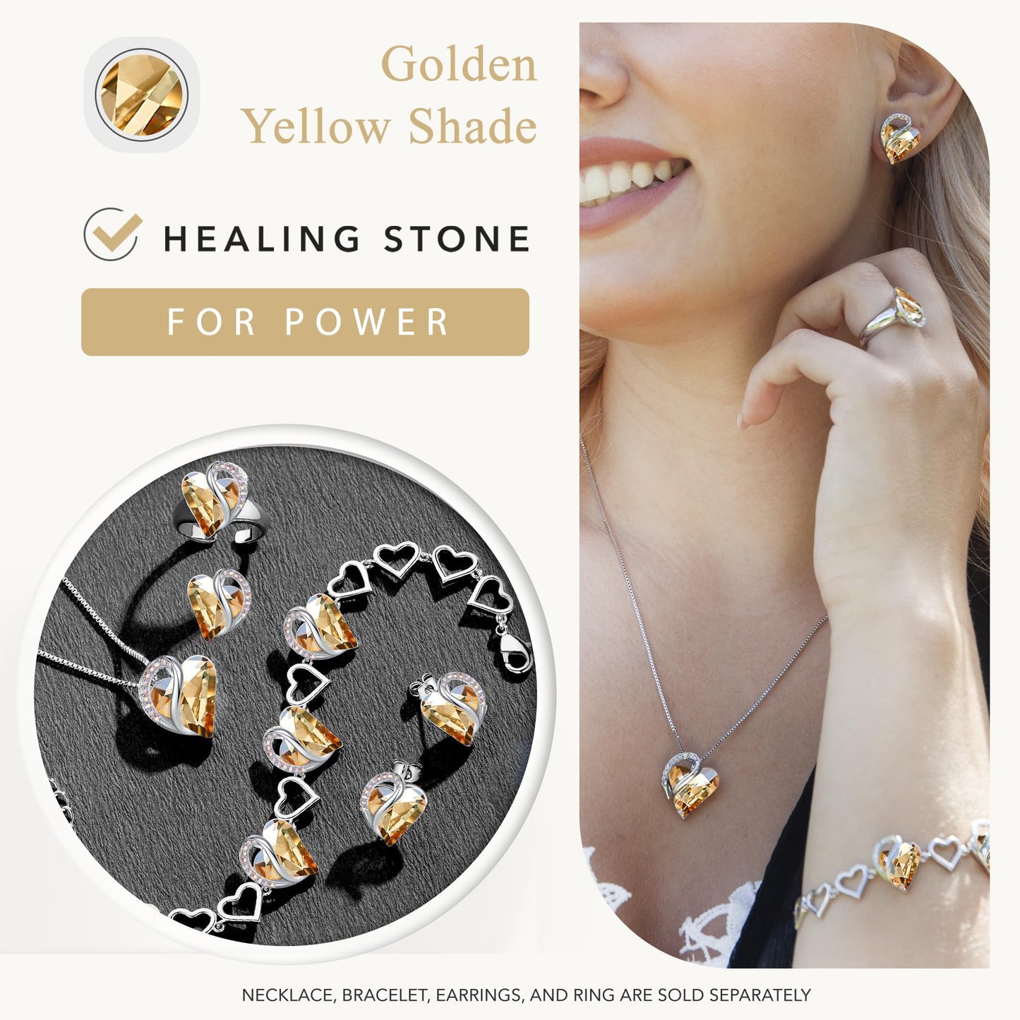 Leafael Gift Necklaces for Women, Infinity Love Heart Pendant with Golden Yellow Shade Healing Stone for Power, Birthday Jewelry for Her, Mom, and Wife, Silver Plated, 18" + 2" Chain