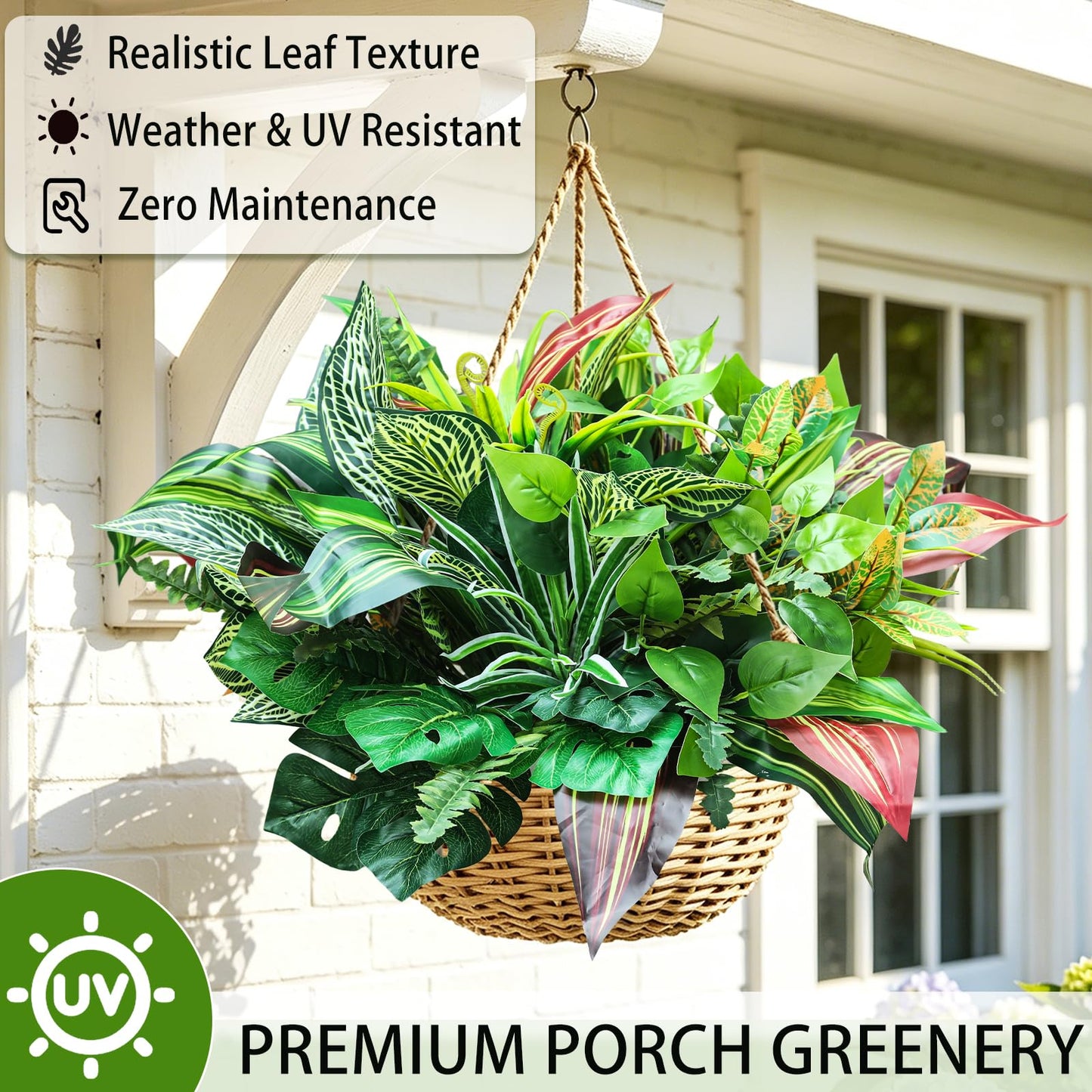Caplidou 18 Bundles Artificial Greenery Plants Outdoor UV Resistant Fake Plastic Leaves with Stems Faux Bushes Shrubs for Porch Patio Window Box Garden Indoor Outside Decor