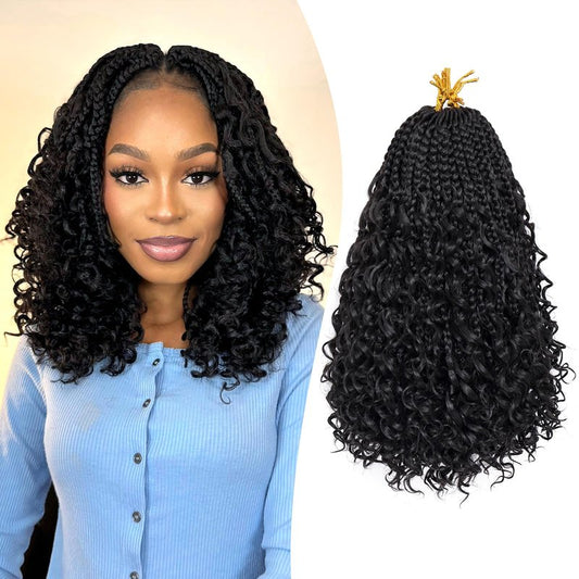 Goddess Box Braids Crochet Hair for Woman 12 Inch 7 Packs Short Pre-looped Crochet Box Braids Curly Ends Bohemian Hippie Braids Synthetic Braiding Hair Extension Natural Black 1B