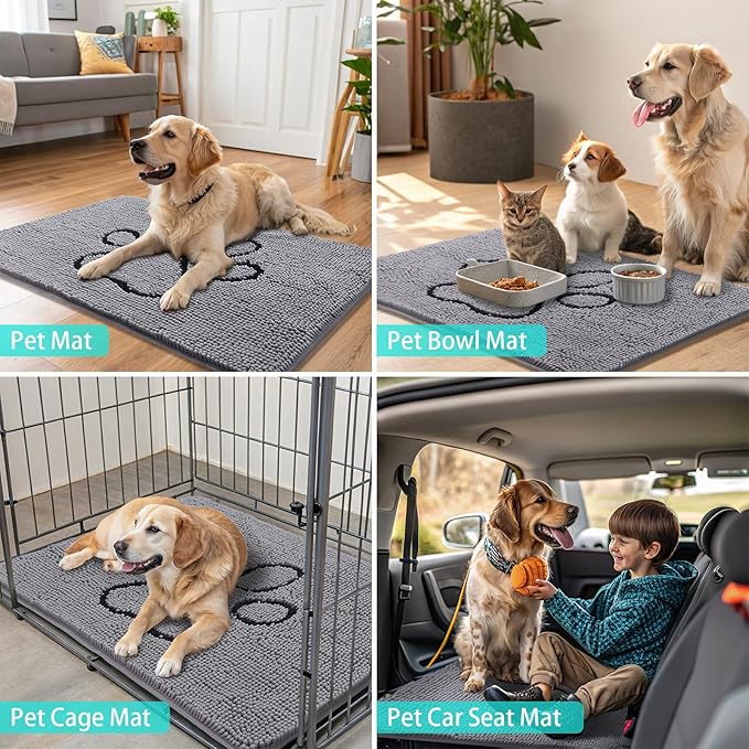 Smiry Dog Door Mat for Muddy Paws, Absorbent Dirt Trapper Non Slip Quick Dry Washable Chenille Mat for Mud Dogs, Entry Rug for Indoor and Outdoor (47x24 Inches, Grey and Black)