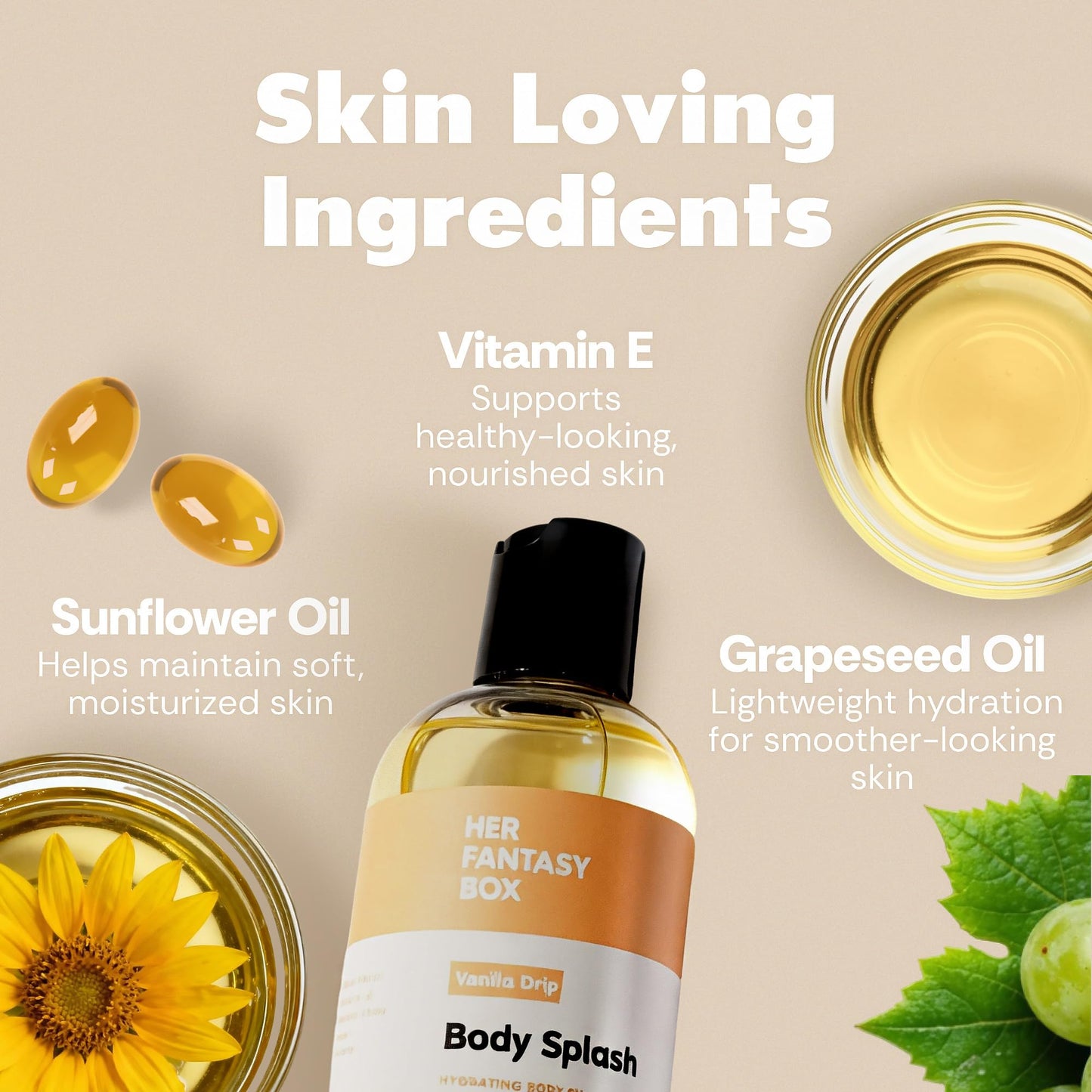 Her Fantasy Box | Body Splash Vanilla Drip Fragrance Oil – Warm Vanilla Sugar Scent with Creamy Cashmere & Sandalwood, Lightweight Hydrating Body Oil, Vegan & Cruelty Free
