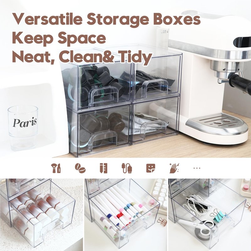 Sea Team 4-Pack Clear Makeup Organizer with Drawers, Acrylic Plastic Cosmetic Display Case, Jewelry Storage Box, Holder for Dresser, Bathroom, Vanity, Kitchen Cabinets, Pantry, Countertop