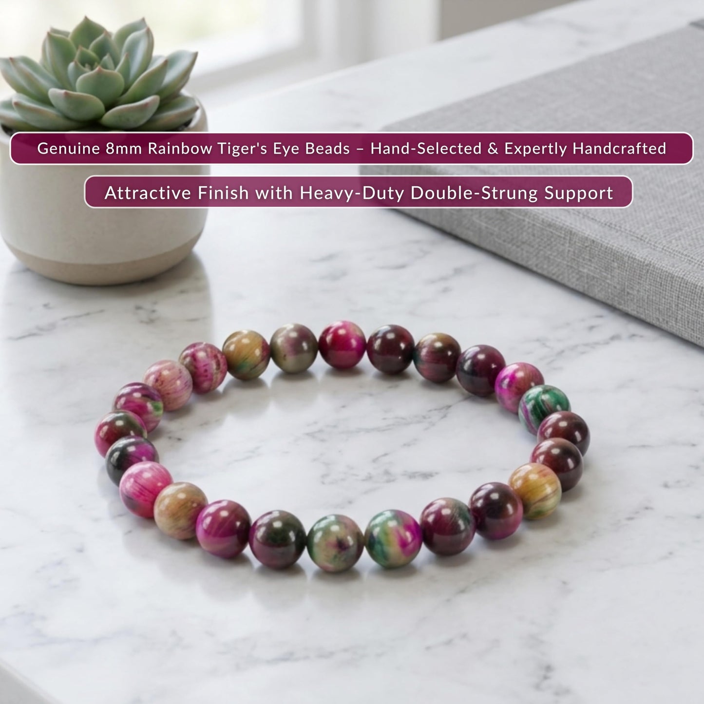 Cherry Tree Collection Rainbow Tiger's Eye Beaded Bracelet – Genuine 8mm Gemstone Stretch Bracelet for Men & Women – Handmade Crystal Bracelet - (Rainbow Tiger's Eye - M)