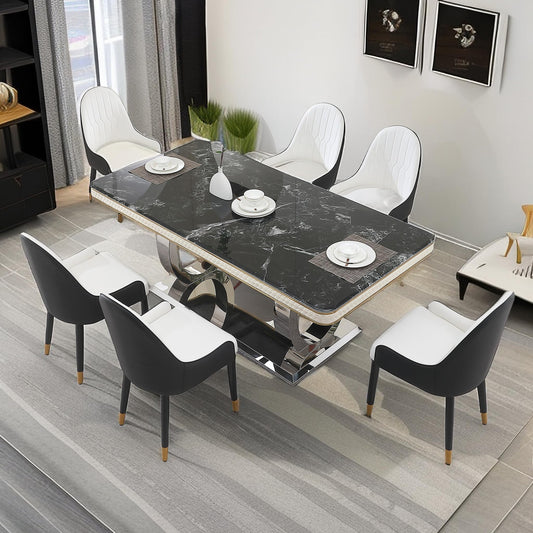 Legendstone 79" Marble Dining Table Set for 6, Modern Kitchen Table with Double-Circle Shaped Stainless Steel Base, Luxury Black Dining Set with 6 Black-White Dining Chairs for Home, Kitchen