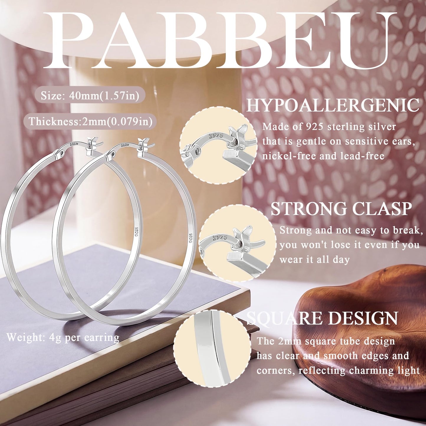 PABBEU 925 Sterling Silver Hoop Earrings Hypoallergenic Silver Hoop Earrings Lightweight Large Hoop Earrings for Women with 925 Sterling Silver Post 20/30/40/50/60/70mm