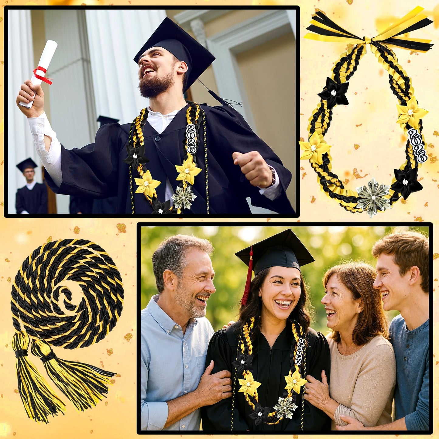 Craftsatin 2026 Graduation Money Leis with Honor Cord Class of 2026 Graduation Ribbon Money Leis Double Braided Handmade Necklace Kit for for High School College Grad Party Supplies(Gold Black)