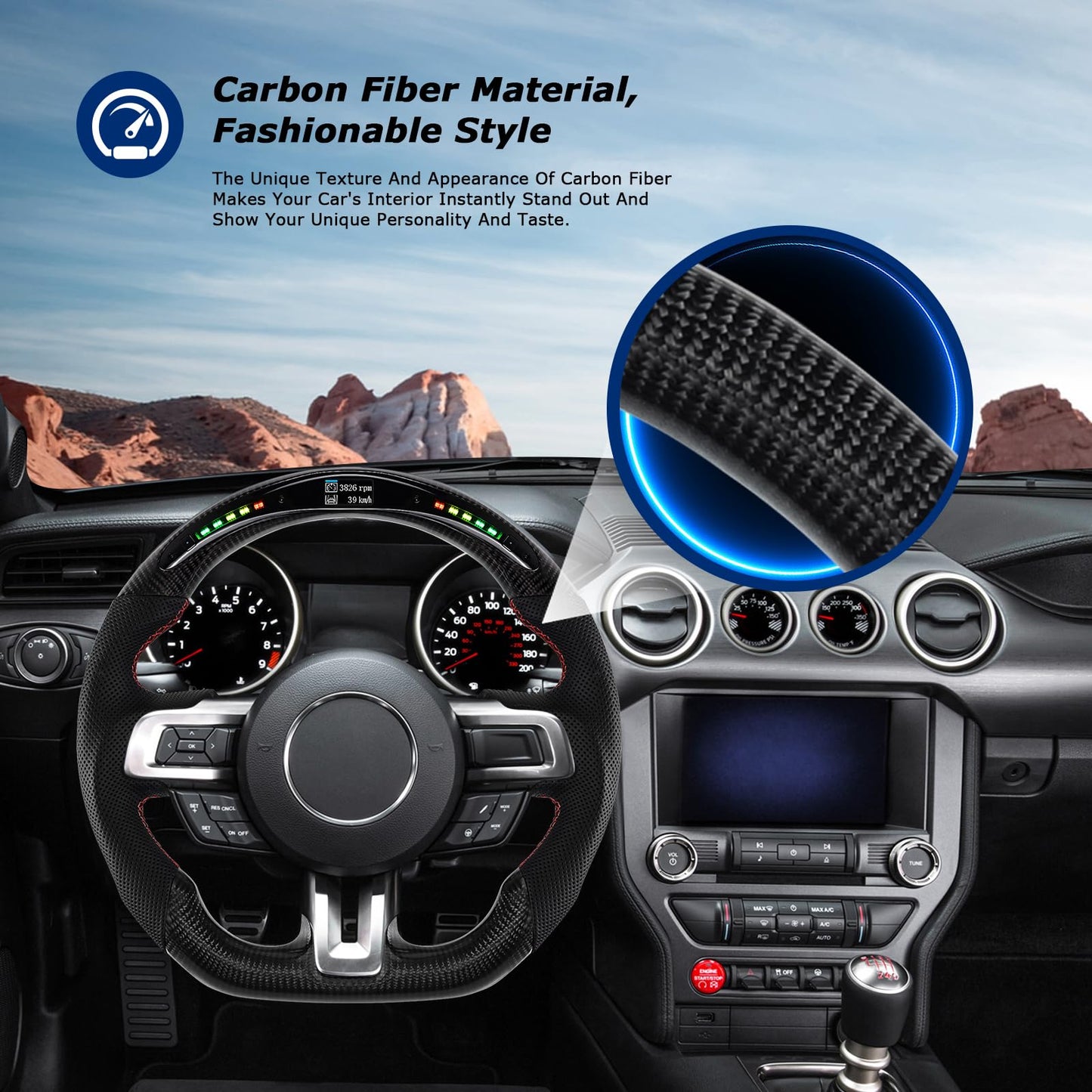 VOONKE Real Carbon Fiber Steering Wheel D-shaped With stitching Led Nappa Perforated Leather Flat-bottom Steering Wheel With heating function For Mustang EcoBoost/GT/Shelby GT350/GT350R 2018-2023