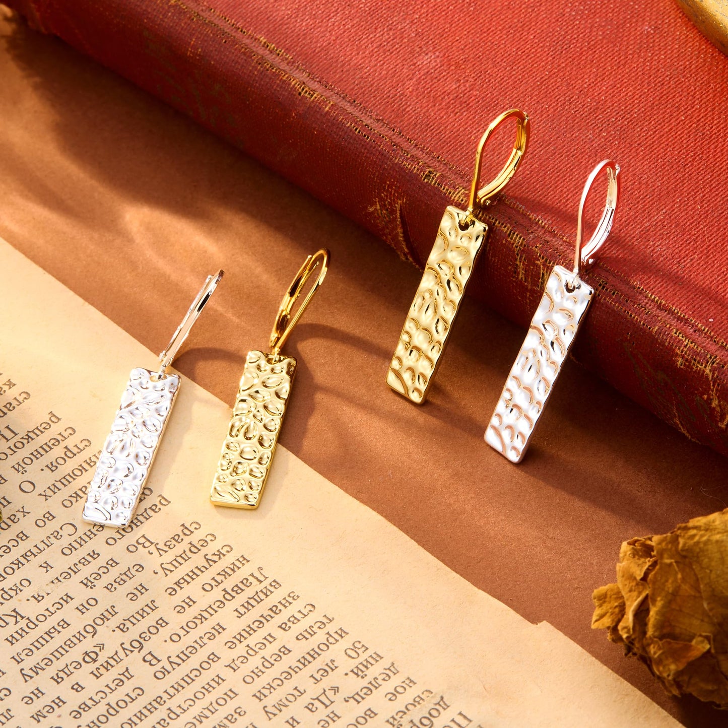 ALEXCRAFT Gold Dangle Drop Earrings for Women, 14K Goldplated French Hook Leverback Earrings, Lightweight Trendy Earing Gold Long Chunky Hammered Square Bar Drop Earing for Women Statement Jewelry