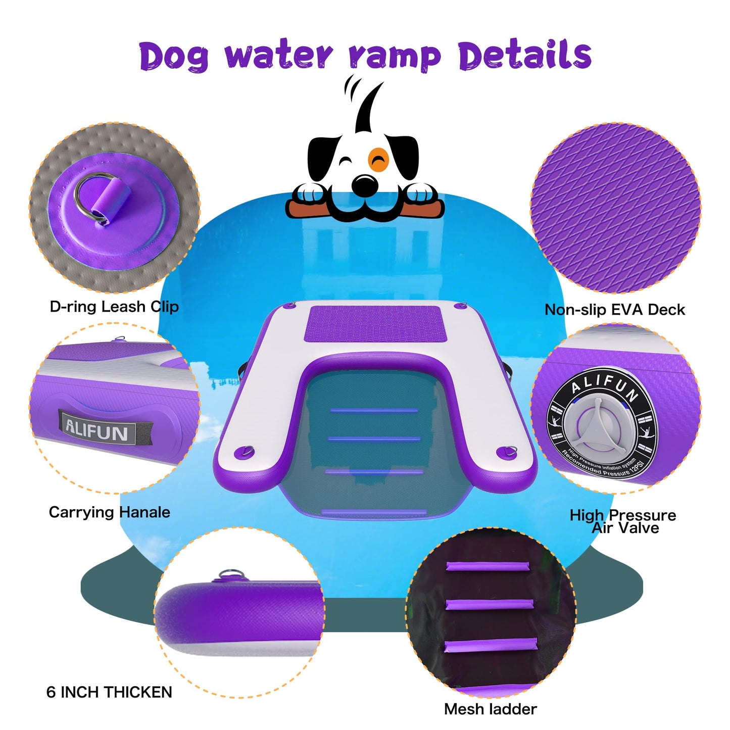 ALIFUN Inflatable Dog Ramp For Boat, Large Dog Water Ramp with Manual Pump, Non-Slip EVA Durable Floating Dock Ladder Up to 90 LBs, Pup Plank for Swimming Pool, Boat, Lake & Ocean (55"L x 39"W x 4"H)