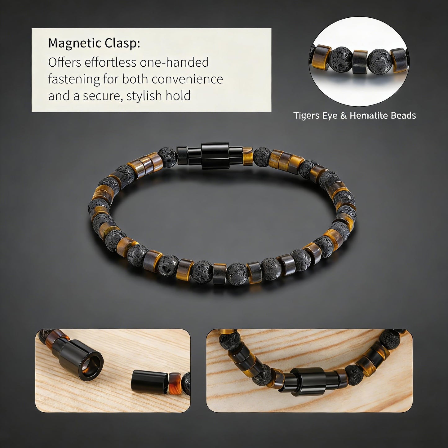 TRUMIUM Beaded Bracelets for Men Women Natural Hematite 6mm Tiger Eyes Mens Bracelet Gemstone Jewelry for Him 9 Inch Length