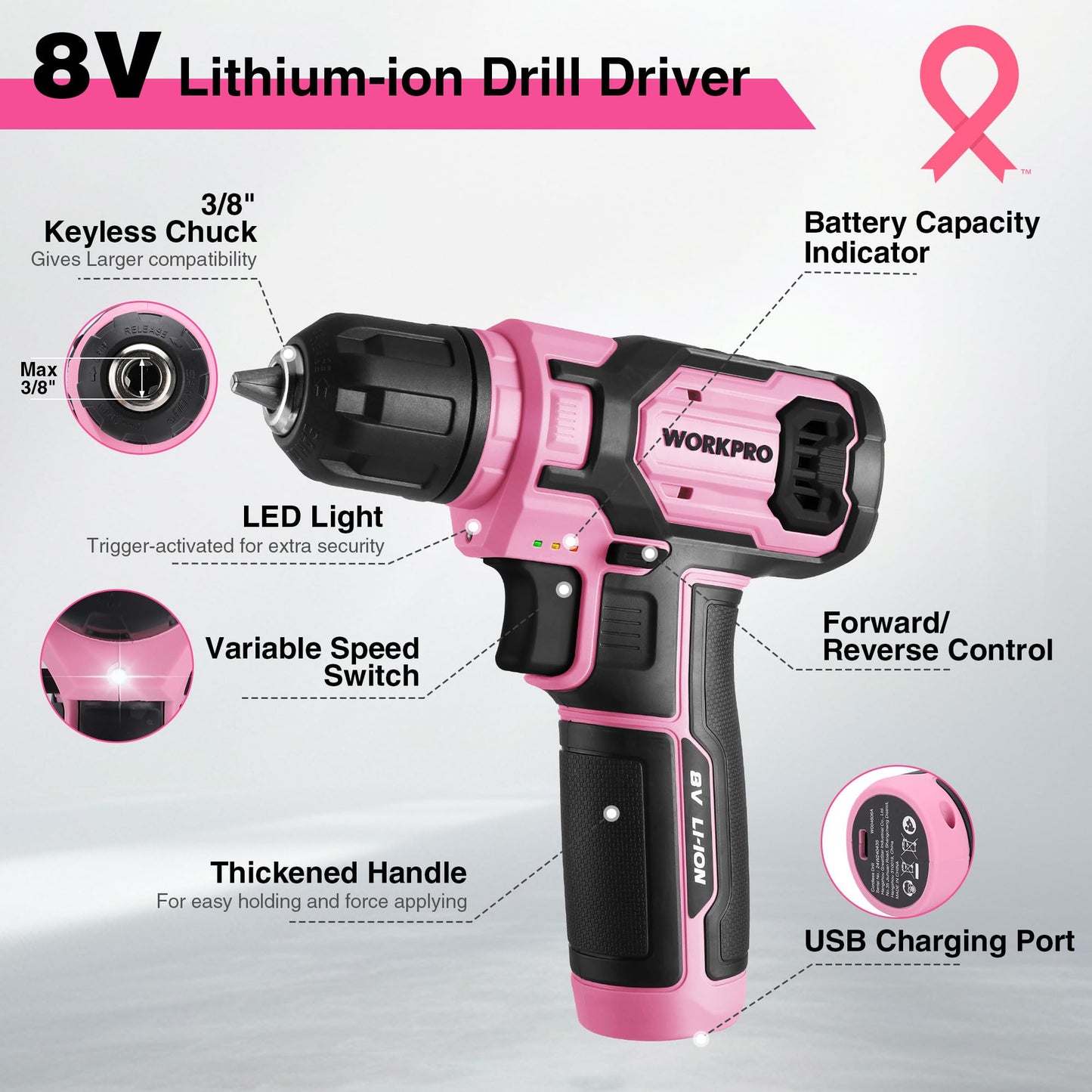 WORKPRO Pink Power Drill Set and Stackable Tool Box, 8V Cordless Drill Driver with Bit Set, 2.0Ah Electric Cordless Screwdriver Kit with 3/8" Keyless Chuck, For Home DIY- Pink Ribbon