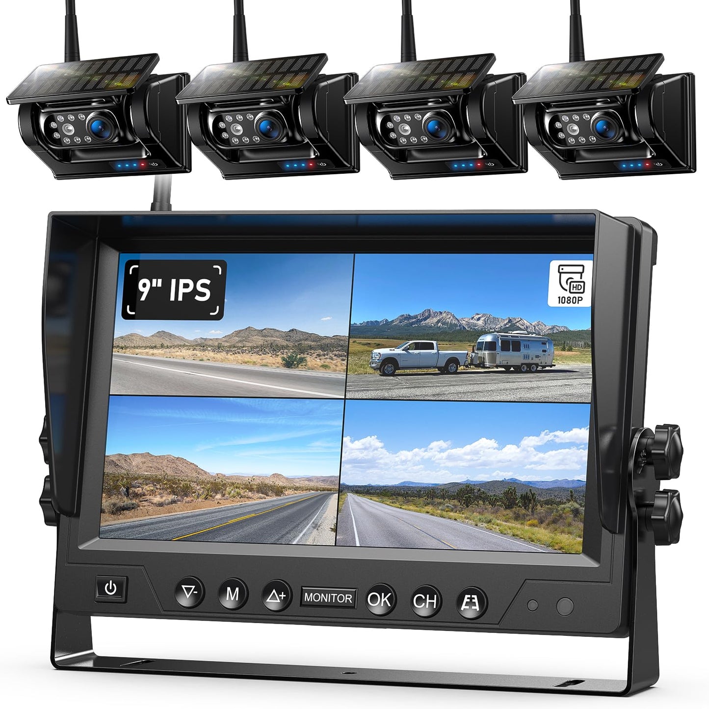 ZEROXCLUB 4 Magnetic Solar Wireless Backup Camera HD1080P 9" Loop Recording Monitor, Quad RV Rearview Backup Cameras Wireless System for Trailer RV Trucks, Built-in 9600mAh Solar Battery, BL904