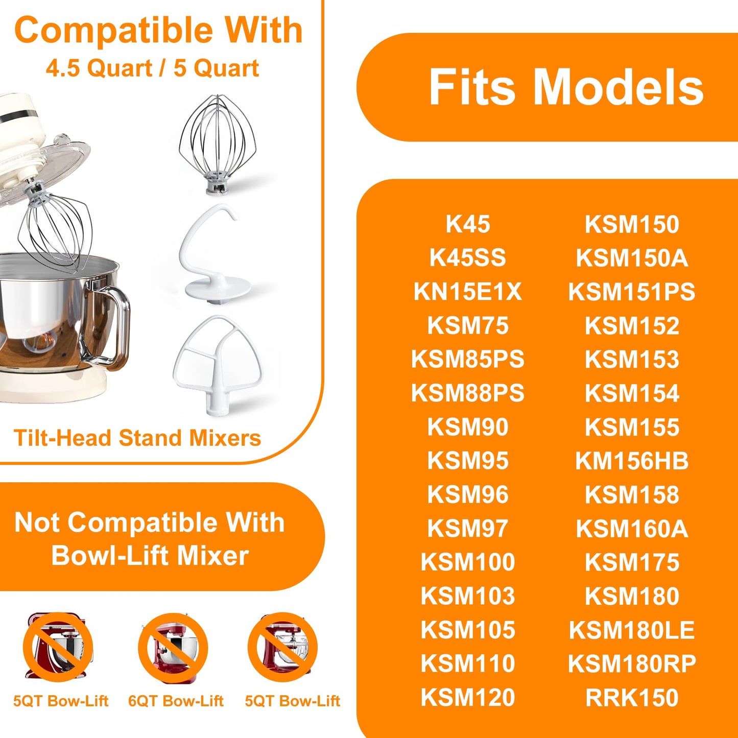 Funmit Mixers Accessories K45WW Wire Whip K45DH Dough Hook K45B Coated Flat Blade Paddle with Scraper Replacement for Kitchen Tilt-Head Aid Stand Mixer Attachments- Stainless Steel