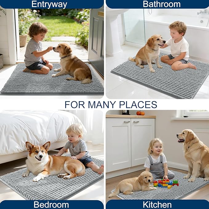 OLANLY Dog Door Mat for Muddy Paws 44x32, Ultra Absorbent Chenille Mud Doormat, Non-Slip Washable and Dirt Trapping Doormat for Indoor Entryway, Quick-Dry Indoor Pet Bed Mats for Dogs, Grey