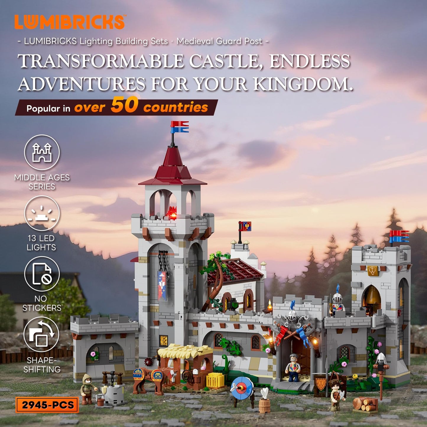 Lumibricks Medieval Guard Post Lighting Building Bricks Set - Middle Ages Castle Modular Collection Display Kit with Minifigures 2945 Pcs for Adults & Teens