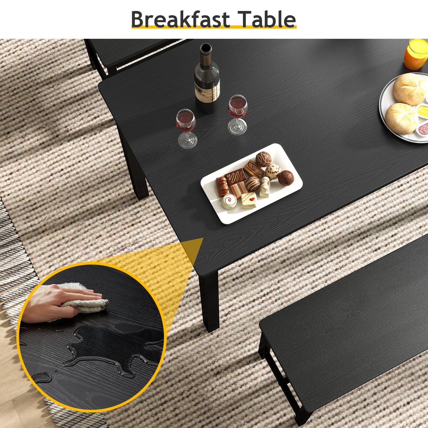 Rovibek 43" Dining Room Table Chairs Set for 4, Modern Space Saving Kitchen Table with 2 Benches & Adjustable Feet Breakfast Table, Wooden Industrial Style Farmhouse, Black