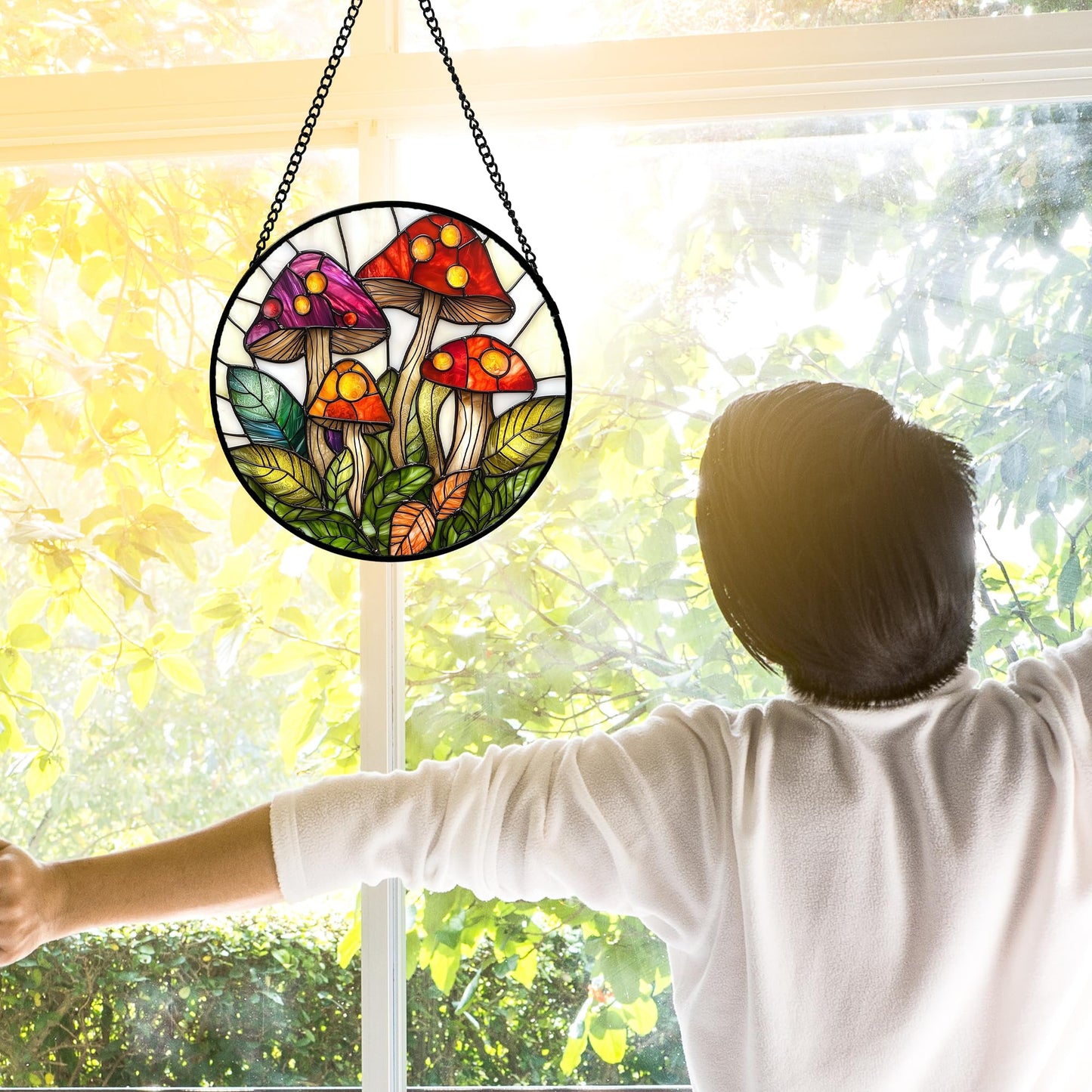 DASTOLL Stained Glass Window Hanging, Mushroom Leaves Suncatcher for Doors Home Sun Catchers Decoration and Christmas, Mother's Day Birthday Gifts for Women, Men, and Mom 6.3 in
