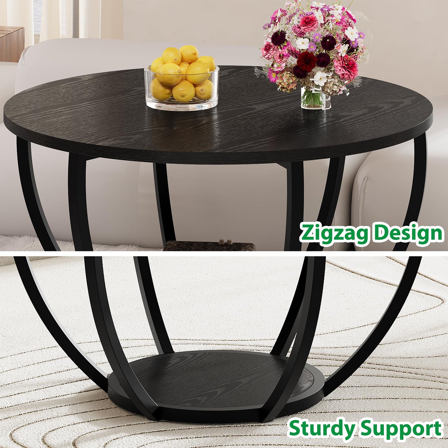 HOMERECOMMEND Round Coffee Table,Wooden 2-Tier Circle Coffee Tables with Storage Shelves,Accent Center Table for Living Room, Sofa Table for Home Office, Black