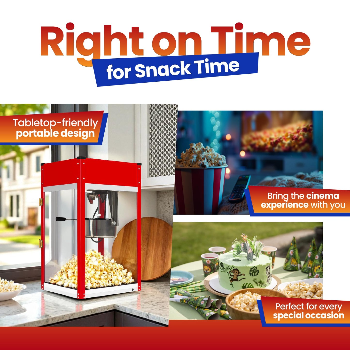 Popcorn Machine - Electric Popcorn Popper | Stainless Steel Kettle With Scoops, Bags, Cups & Shaker | Countertop Machine, Theater Style | Ready in 5 Minutes | 1500 W | Red, 8 oz (64 Cup Capacity)