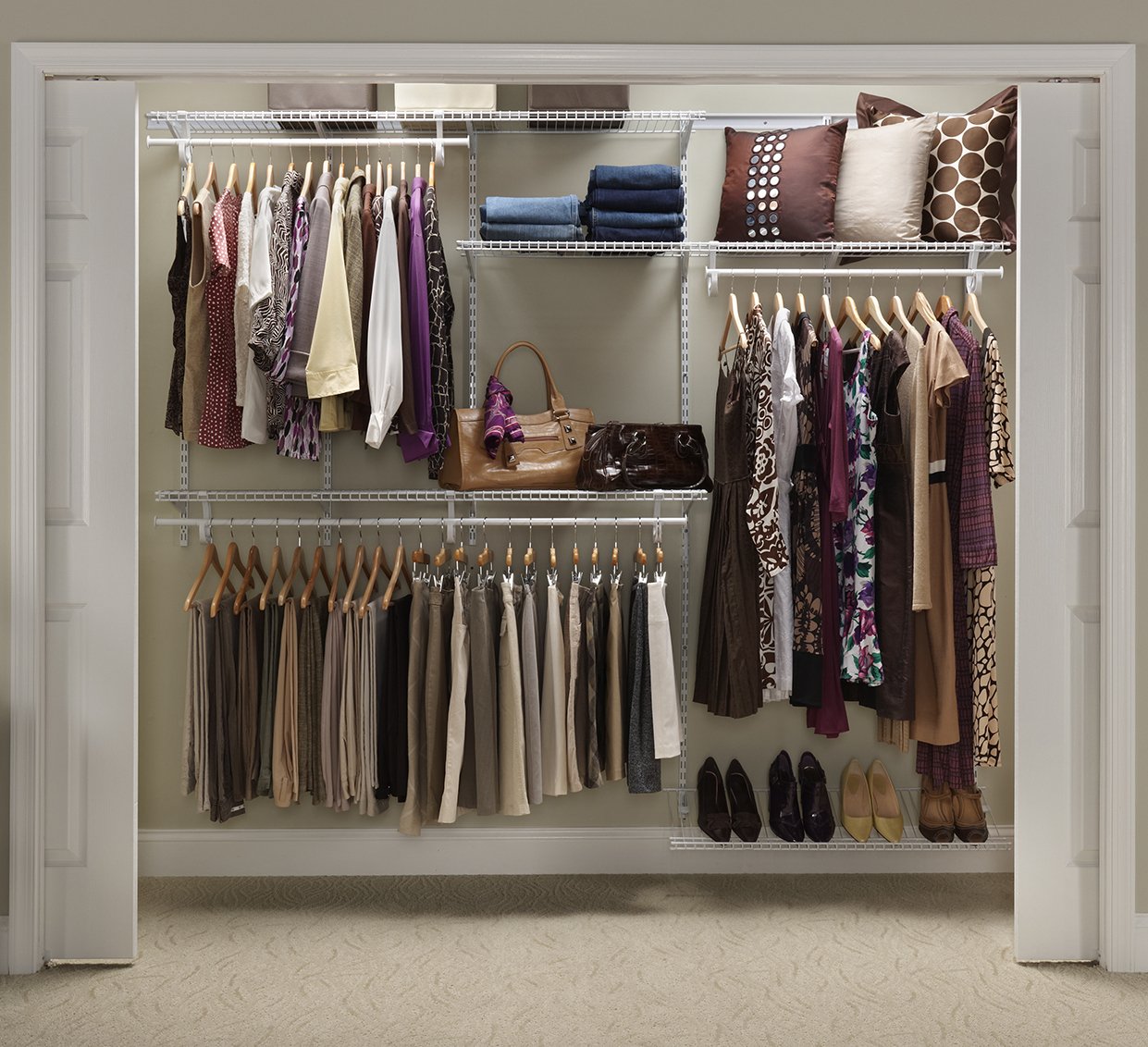 ClosetMaid ShelfTrack Wire Closet Organizer System, Adjustable from 5 to 8 Ft., with Shelves, Clothes Rods, Shoe Shelf, Hardware, Durable Steel, White