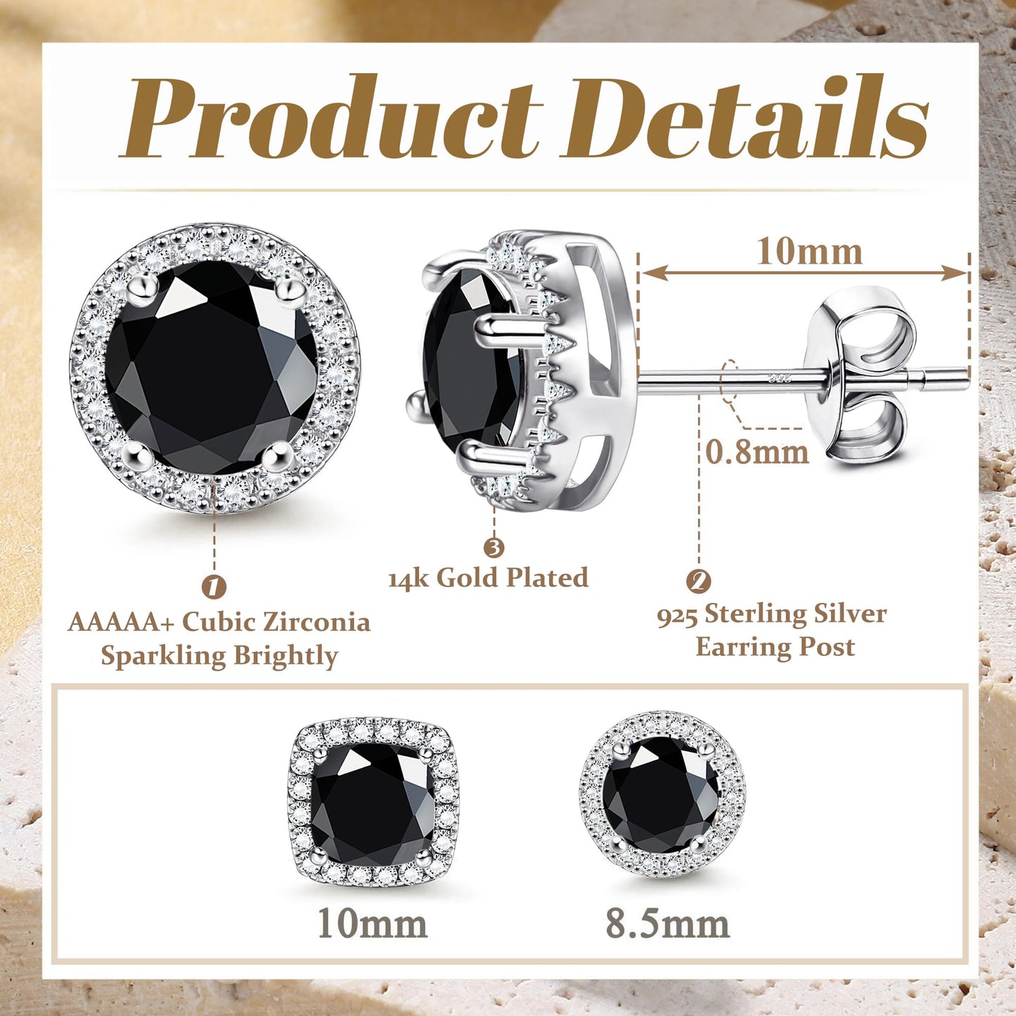 Hayoso Cubic Zirconia Stud Earrings for Women Men Sterling Silver Earring Post Hypoallergenic 14k Gold Plated Round&Square Earrings Silver&Black