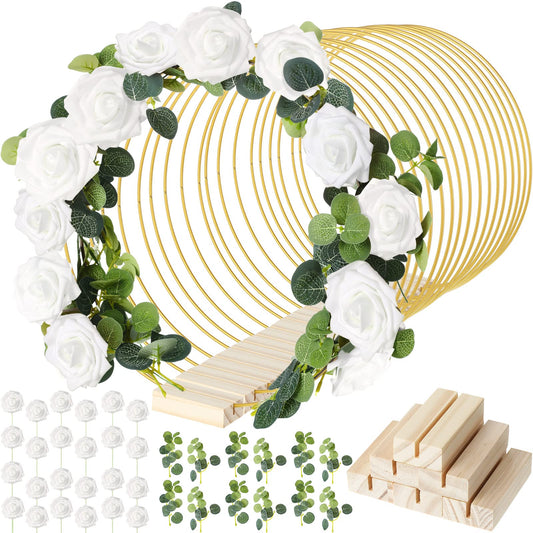 15 Pcs Metal Floral Centerpiece Table Decorations Hoop Centerpiece with Stand Gold Centerpieces for Table 15 Wooden Holders 30 Artificial Flowers 30 Leaves for Wedding DIY Craft Decor(12 Inch,White)