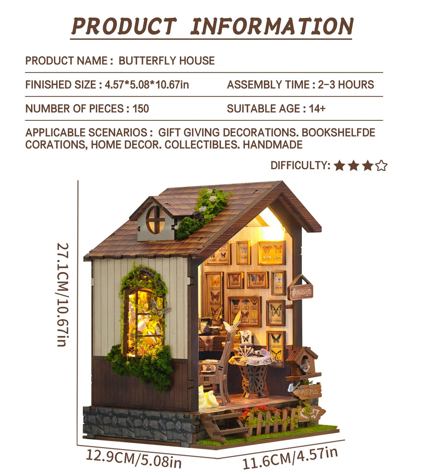Roroom DIY Miniature Doll House with Furniture Dollhouse Kit for Adults and Teens,Booknook Tiny House Bookshelf Decor Mini 3D Wooden Puzzle, Gifts for Family, Friends (Butterfly-SQ60)