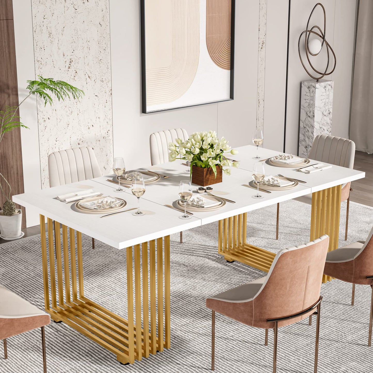 Tribesigns Modern Dining Table for 6-8 People, 70.8 Inches Long White Room Kitchen, Wood Kitchen with Gold Metal Legs, Rectangular Dinner Room, Family Gathering