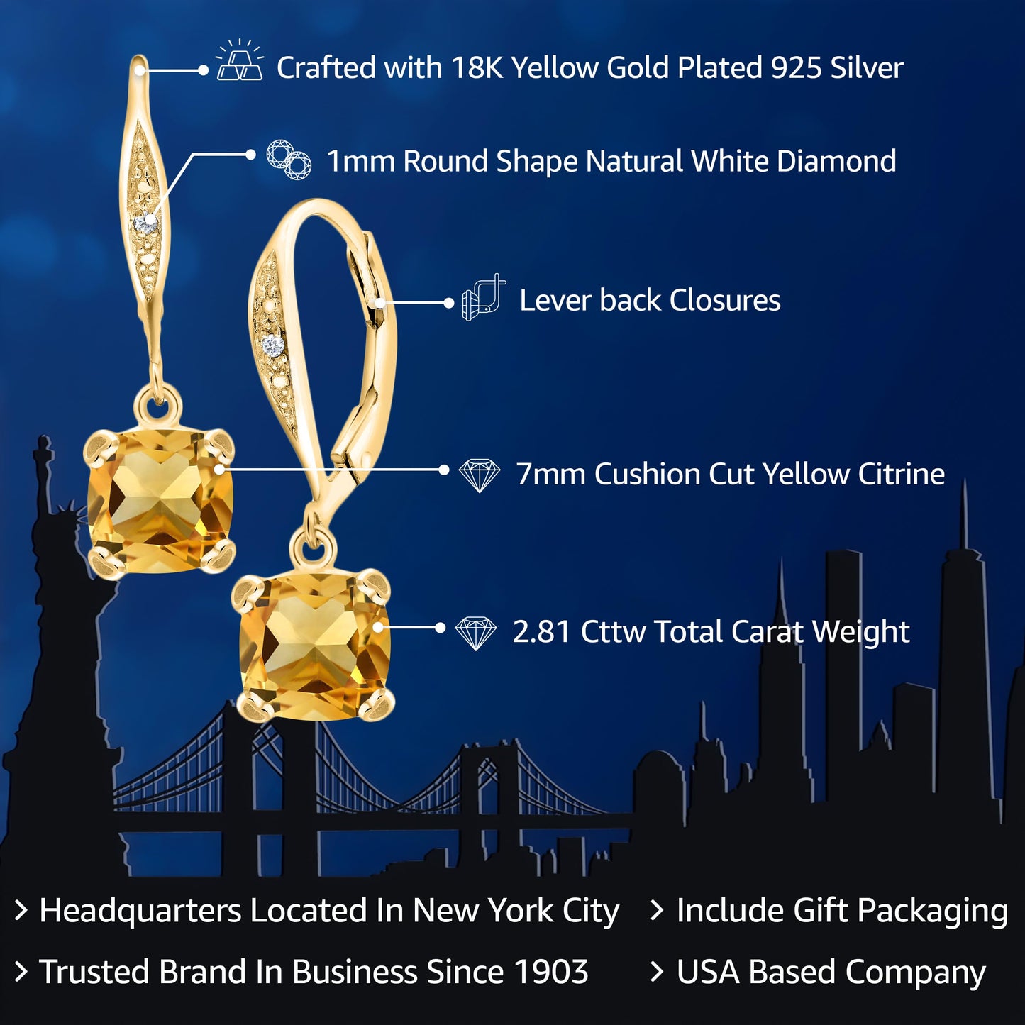 Gem Stone King Drop Dangle Earrings For Women | 7MM Cushion Cut Gemstone Birthstone and Diamond | 925 Sterling Silver | Jewelry Gift for Mom Wife Her | Citrine-November | Yellow Gold