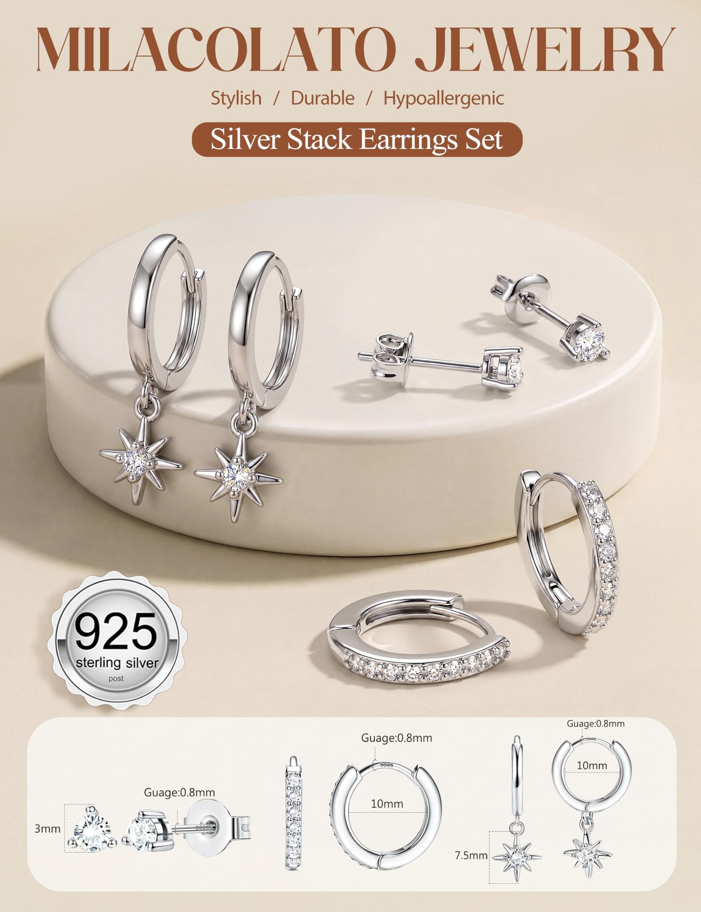 MILACOLATO 925 Sterling Silver Earrings for Women, Sterling Silver Filled Small Stud Huggie Hoop Earrings Sets for Multiple Piercing Hypoallergenic Jewelry, CZ Cartilage Earrings Stacks Trendy Jewelry Gifts, 3 Pairs-Star
