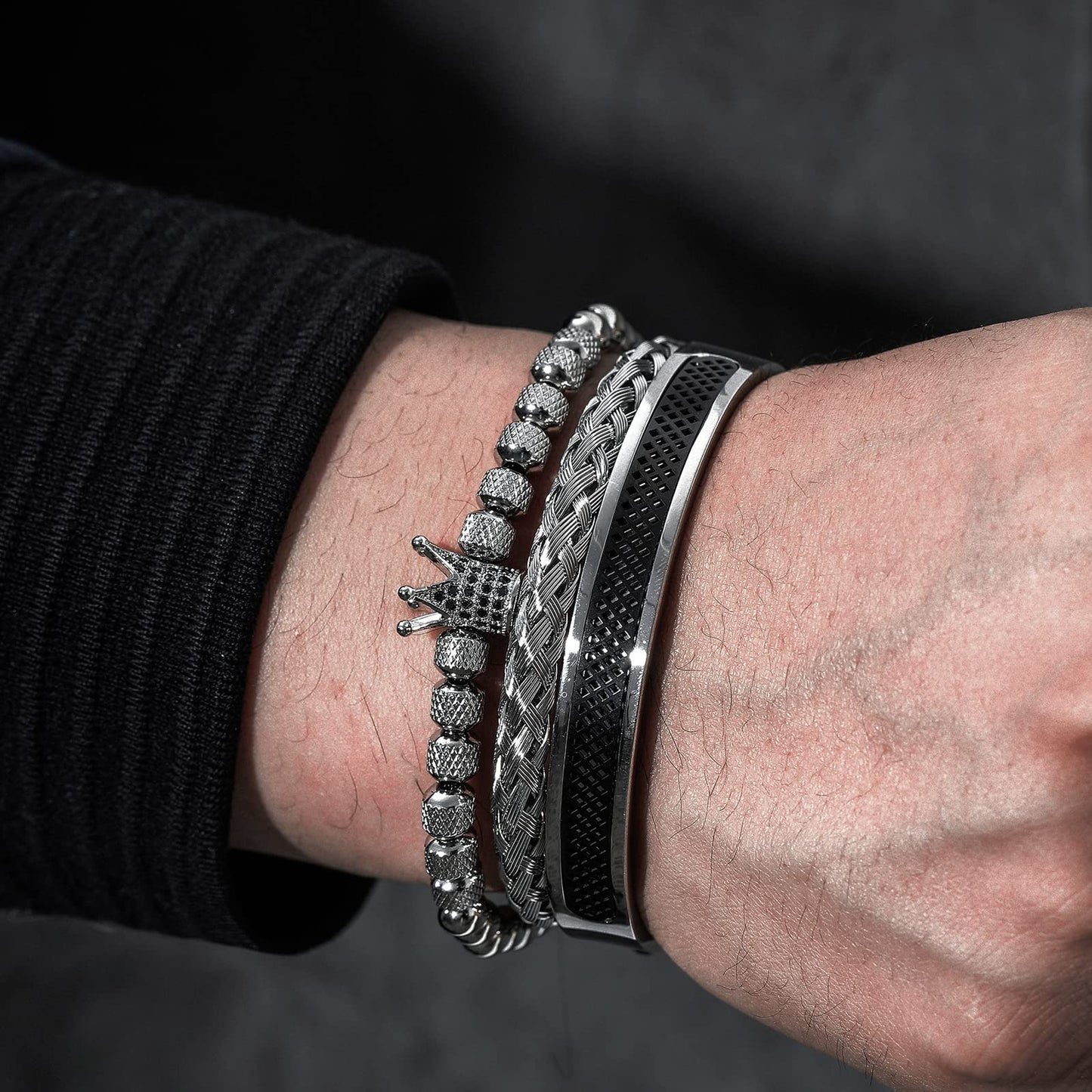 WFYOU 3PCS Stainless Steel Bracelets for Men Gold Roman Numeral Bangle Bracelet Twisted Cable Bracelet Adjustable Cuff Bracelet Mens Luxury Jewelry Bracelets Gifts(J:Black)