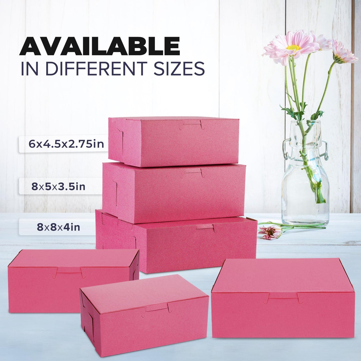 Fit Meal Prep [25 Pack] Pink Bakery Boxes 8x8x4 Pastry Box for Cupcakes, Desserts, Cookies, Candies Ideal Packaging for Bakeries and Home-made Baked Goods, Favors, and Gifts