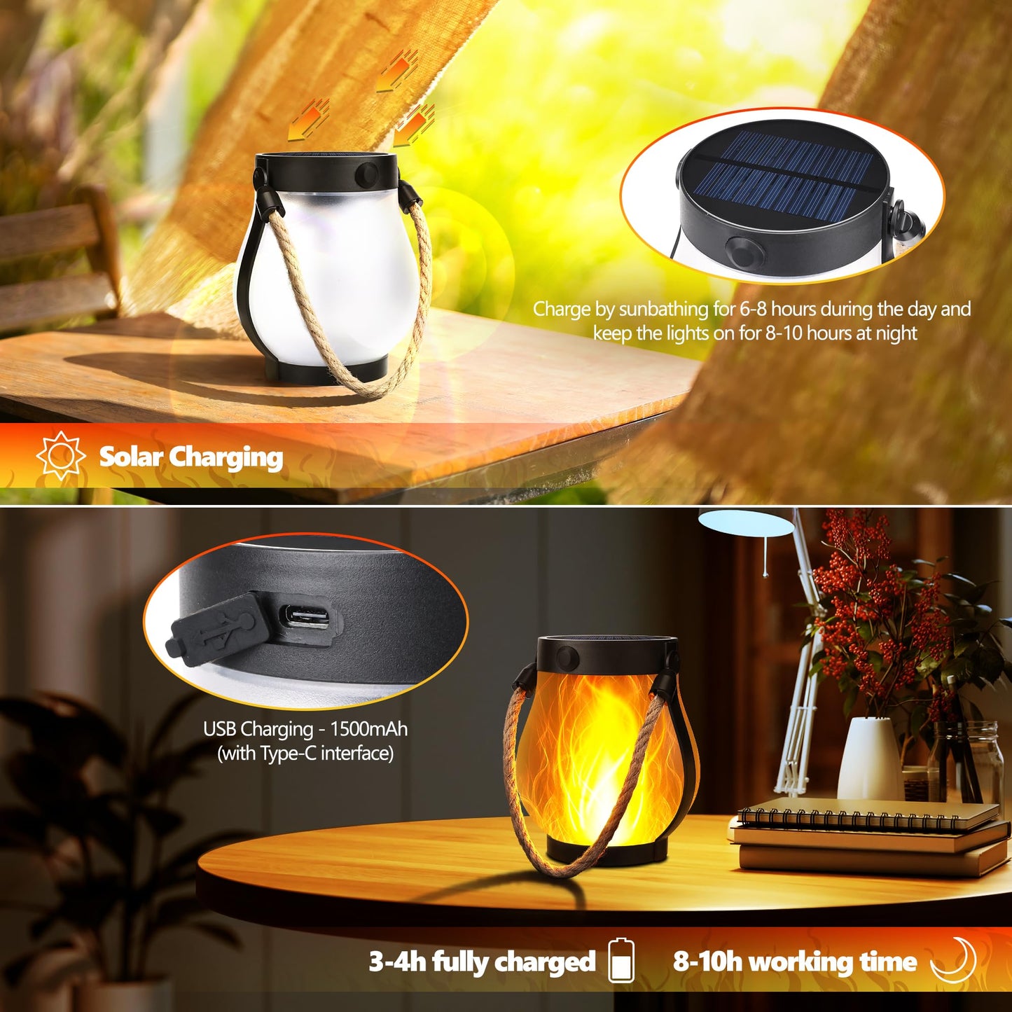 Jyoiat Solar Lanterns Outdoor Waterproof - 2 Pack everflame Solar Lantern with Dual Charging Modes of Solar & USB for Garden Yard Patio Birthday Mothers Day Gifts for Women (Warm White - 2 Pack)