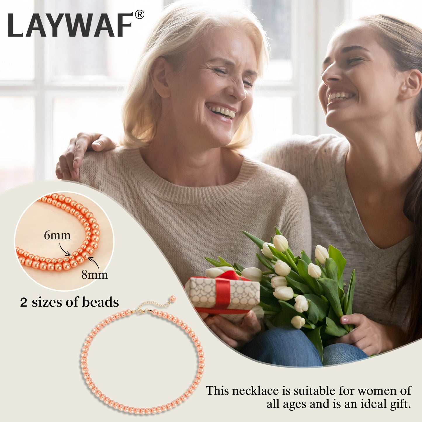 LAYWAF Imitation Pearl Choker Necklace for Women Mom Wedding Bride, Fake Pearl Orange Necklace, 8MM Beaded Necklace, Simple Faux Pearl Accessories Costume Jewelry