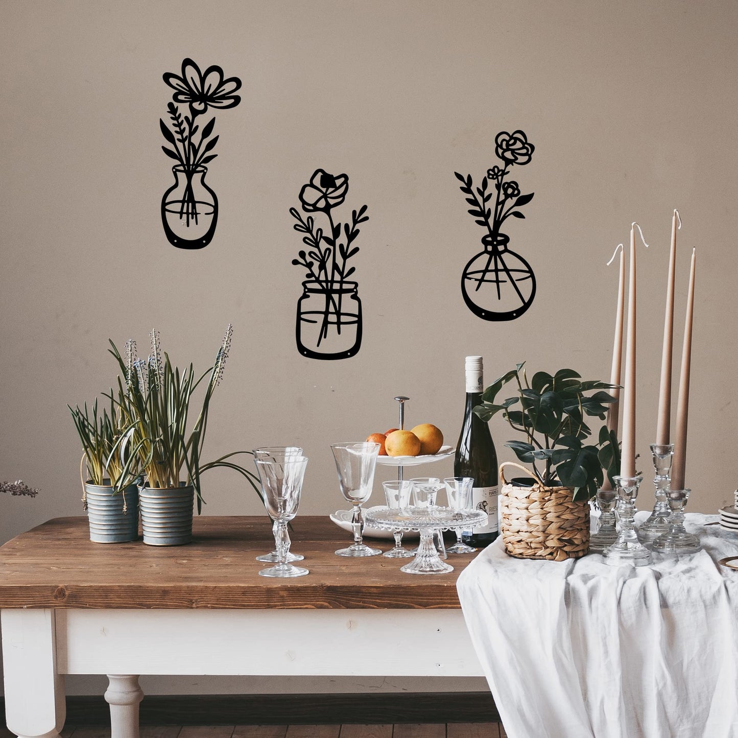 3 Pieces Black Metal Flowers Wall Decor Grandma Mothers Day Gift Birthday Gifts for Women Wall Art Metal Wall Sculptures Hanging for Indoor Kitchen Bathroom Bedroom living room 14.56x5.9 inches