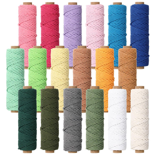 18 Rolls Macrame Cord 3mm x 594 Yards – Natural Colored Macrame Cotton Cord Rope Kit, 4 Strand Twisted Color Variety Yarn String for Wall Hanger, Plant Hanging, DIY Knitting, Macrame Supplies