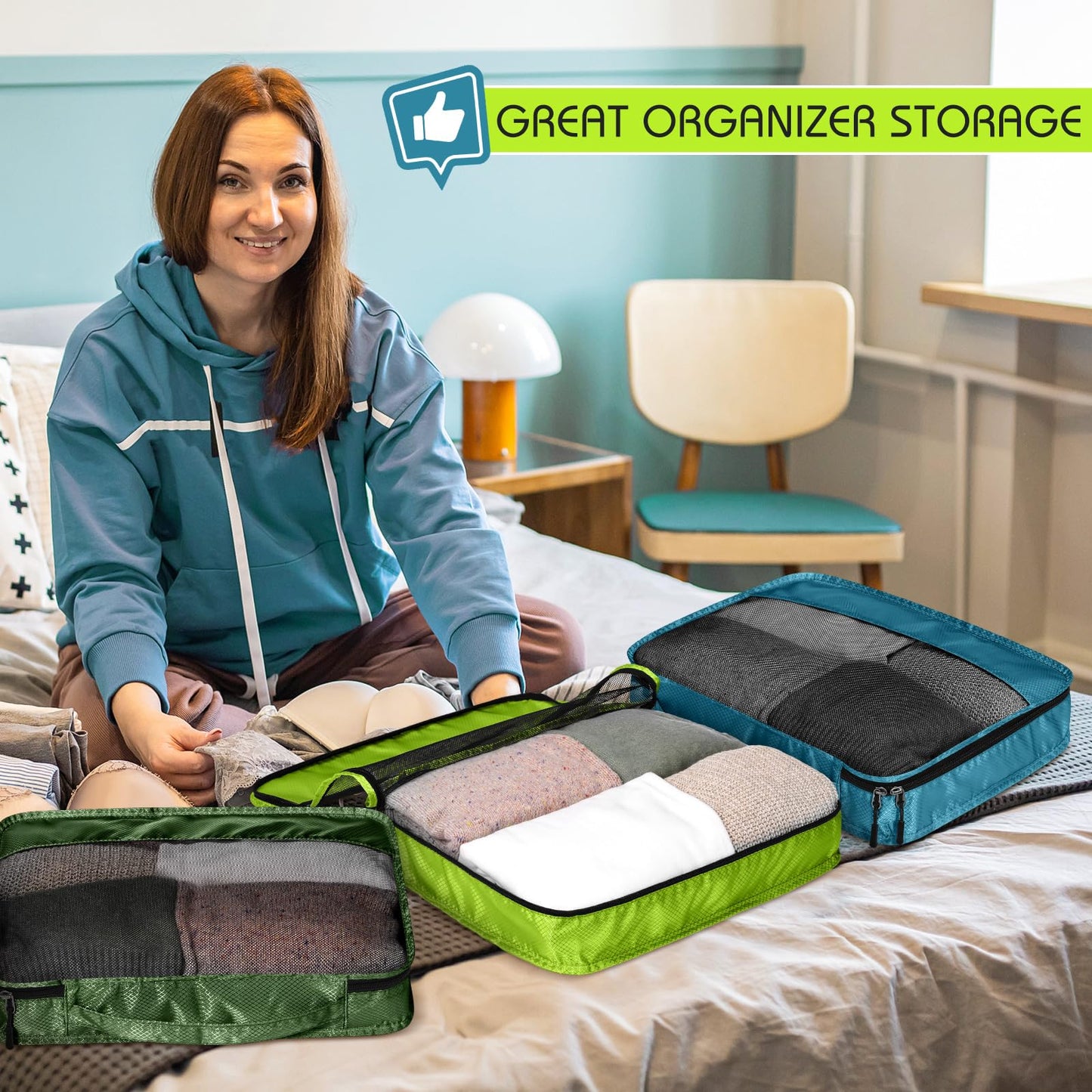 Bulyoou 5 Pcs Packing Cubes for Suitcase Large Travel Cubes Carry on Luggage Organizer Bags for Clothes Accessories(M,Green)