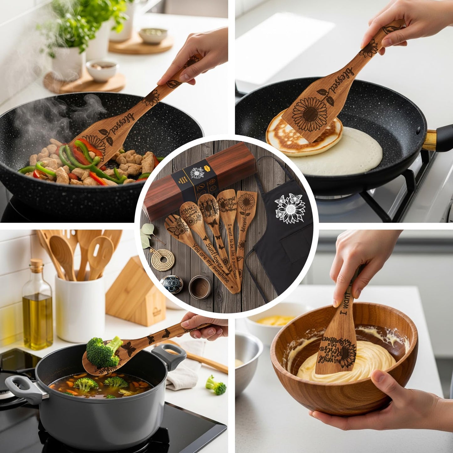 Remerry 6 Pcs Sunflower Gifts for Women Sunflower Kitchen Gift Set with Acacia Cooking Spoons Apron Kitchen Cooking Utensils Set for Mother's Day Housewarming Gift