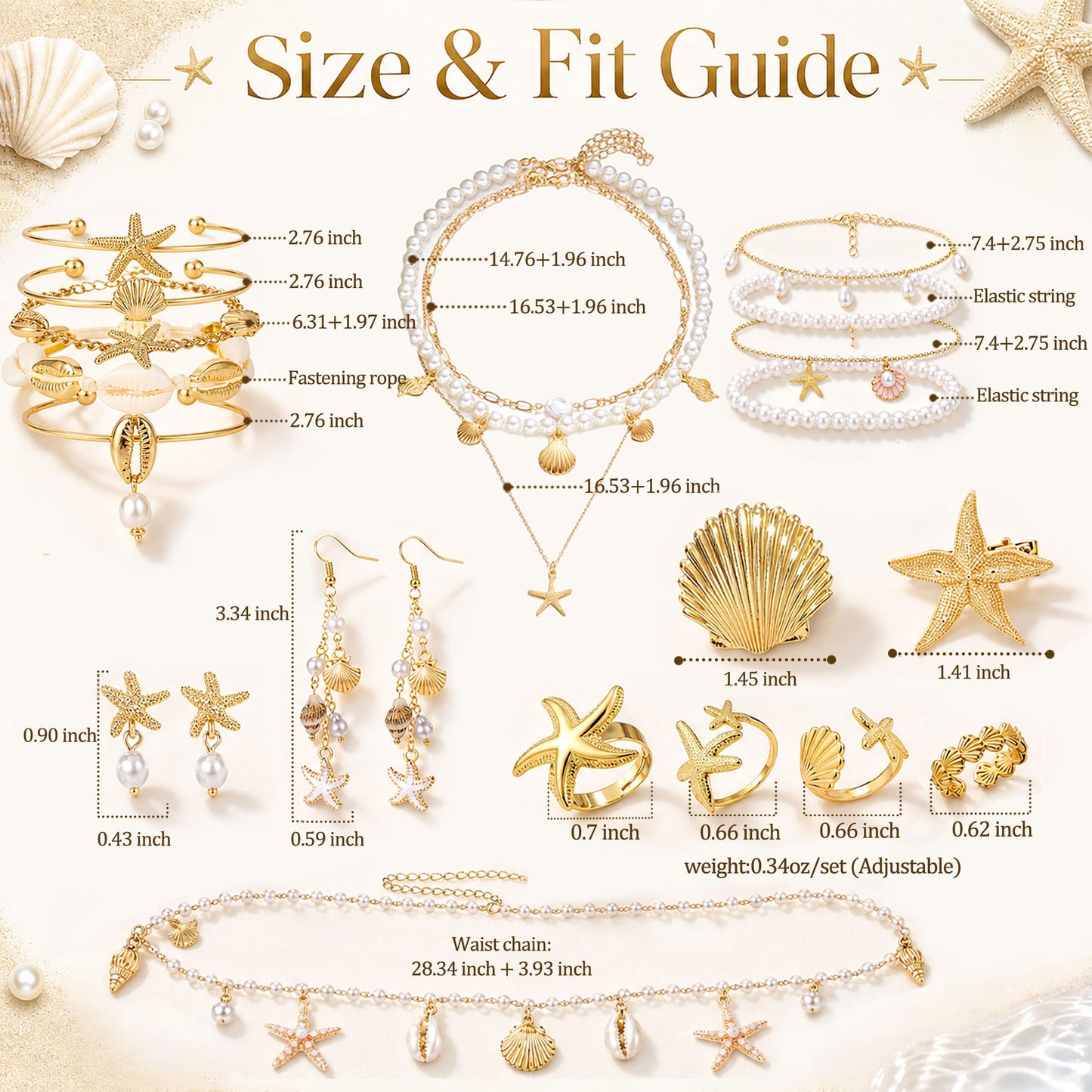 Womylufy 23 Pcs Pearl Mermaid Beach Jewelry for Women, Seashell Starfish Layered Necklace Earrings Bracelets Rings Anklets Waist Chain Hair Clips Set, Summer Vacation Boho Accessories