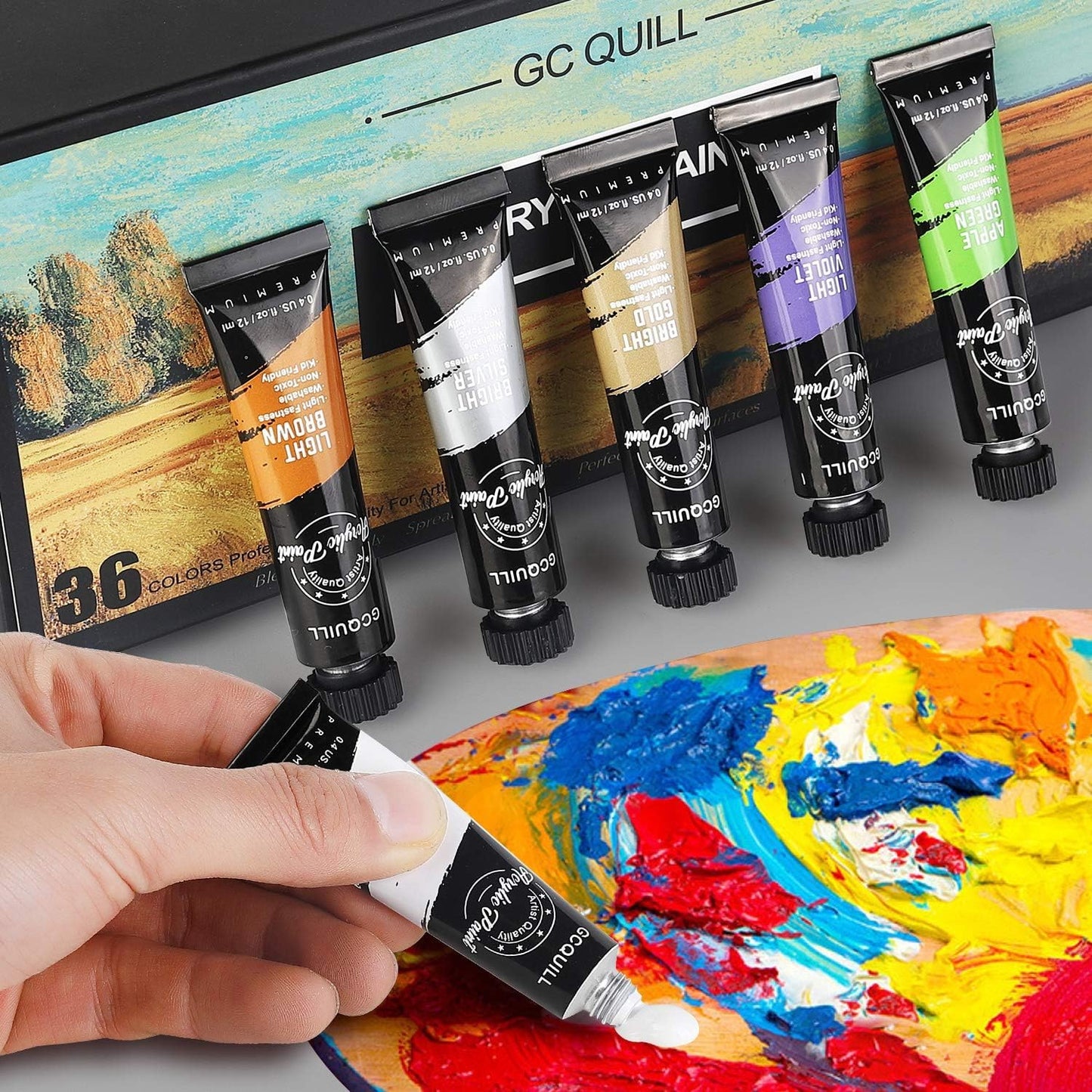 GC QUILL 54pcs Art Acrylic Paint Set - Painting Supplies with 36 * 12ml Tubes, Paint Brushes, Palette Knives, Canvas, Easel, Sponge, Palette for Artist Painting on Wood, Ceramics, Fabric, Crafts