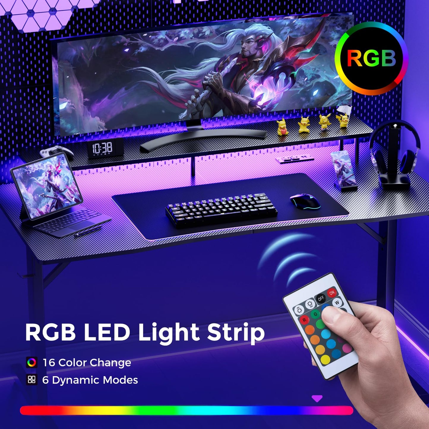 GTRACING Gaming Desk with LED Lights, 55 Inch Large Computer Gamer Desk with Monitor Stand & Power Outlet, Ergonomic Carbon Fiber Surface Gaming Table with Mouse Pad for Home Office, Carbon Black