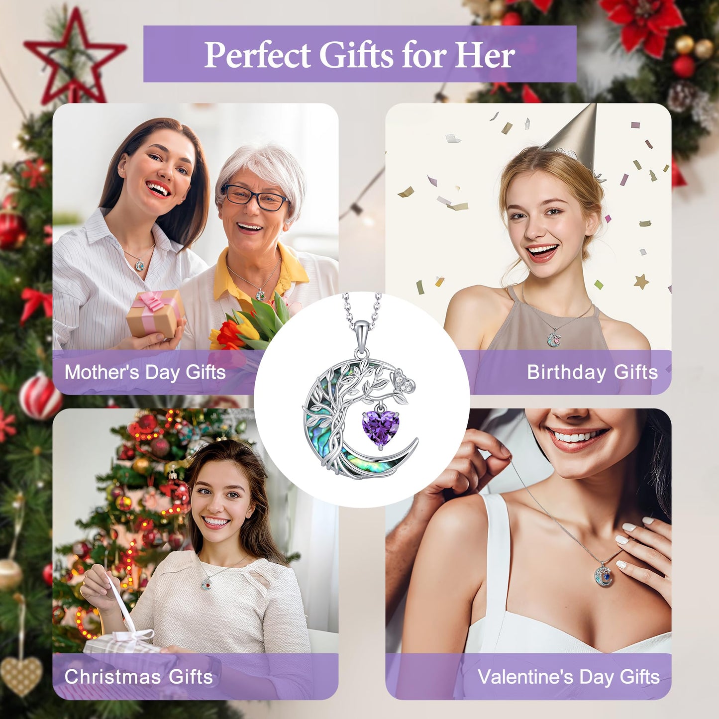 Distance Tree of Life Birthstone Necklace for Women, S925 Sterling Silver Premium Abalone Shell Moon Pendant February Heart Birthstone Necklace, Amethyst Jewelry Christmas Birthday Gifts for Her Wife