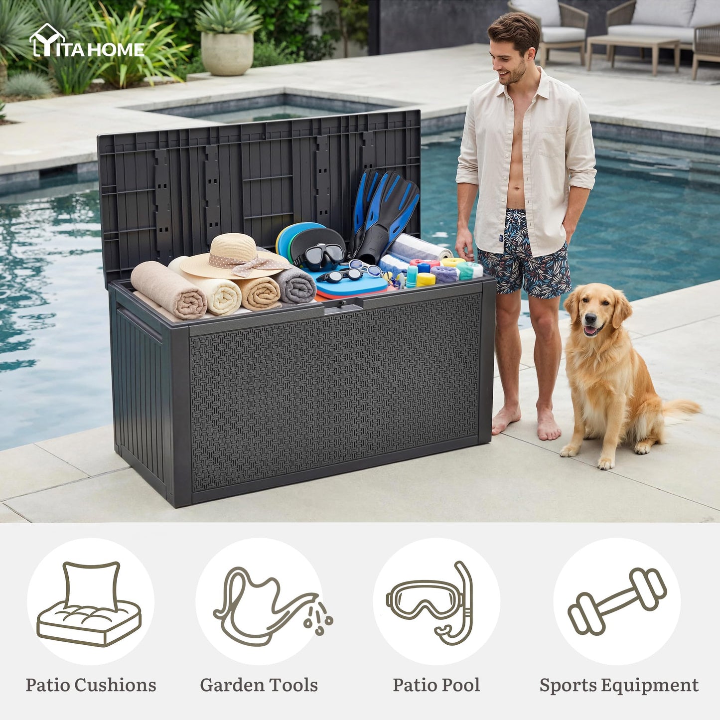 YITAHOME 90 Gallon Outdoor Storage Deck Box, Waterproof Resin Deck Box w/Handles, Lockable Outdside Deck Box for Patio Furniture, Garden Tools, Lockable & UV Resistant(Dark Gray)