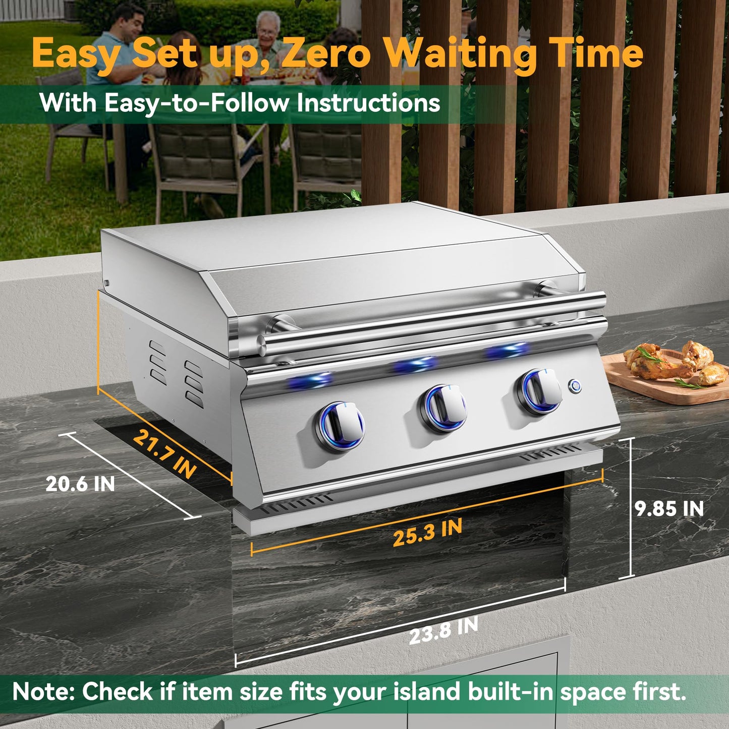 26 Inch BBQ Head Griddle Grill Combo for Outdoor Kitchen, Liquid Propane Bulit-in Grills for Barbecue Island, 3-Burner, 3 * 14,000 BTU, Premium 304 Stainless Steel, Convertible to Natural Gas
