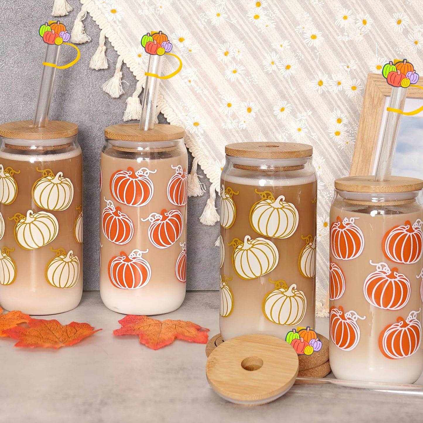 ANOTION Cute Iced Coffee Glass Cups, 18oz Pumpkin Tumbler Set - 4 Packs Fall Mug with Lids and Straws - Fall Wedding Gifts, Thanksgiving Decor, Family Gifts