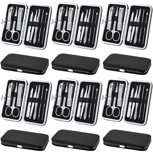 Geosar 12 Sets Manicure Set Nail Clippers Pedicure Kit 8 in 1 Grooming Stainless Steel Kits Nail Care Tools with Travel Case for Employee Coworker Teachers Nurse Gifts(Black)