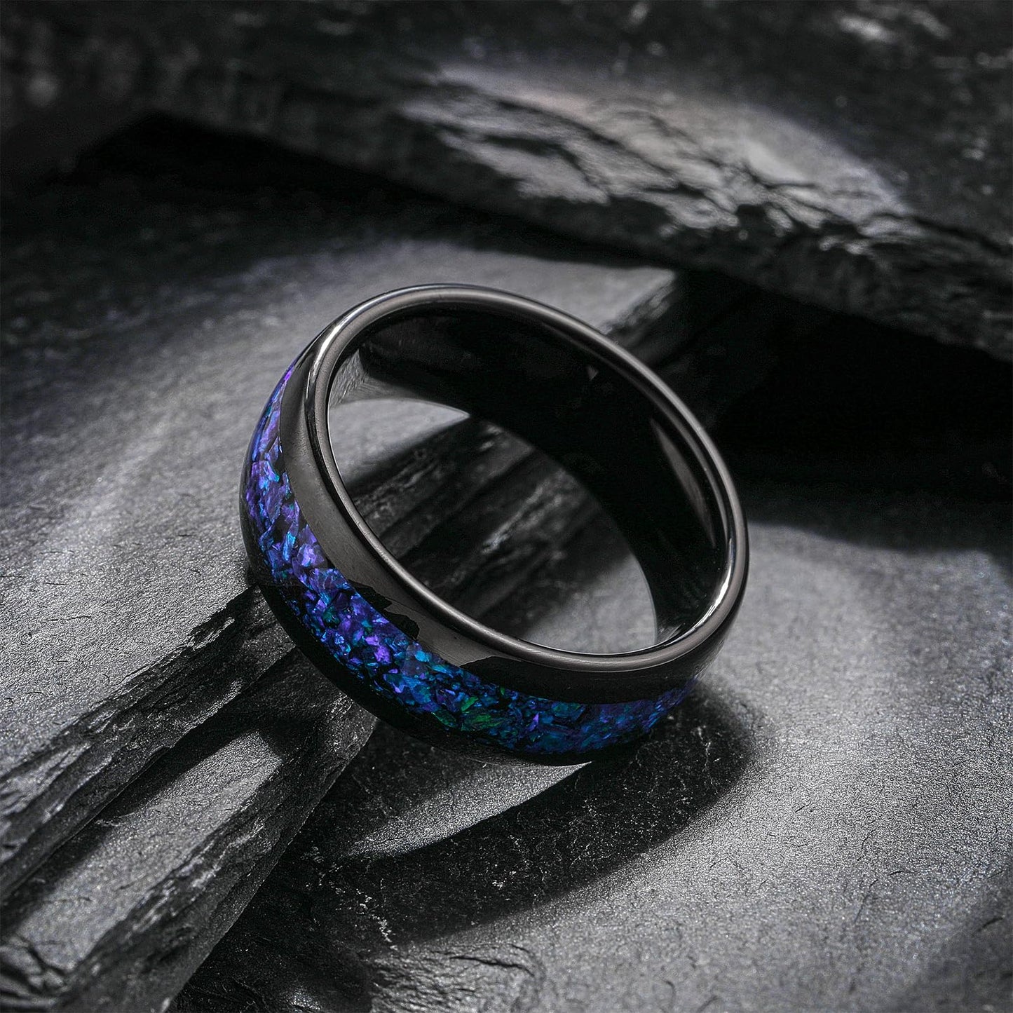 NUNCAD Wedding Rings for Men Opal Ring Tungsten Blue Black Wedding Band 8mm Dome Polished Finish Comfort fit Sizes 9