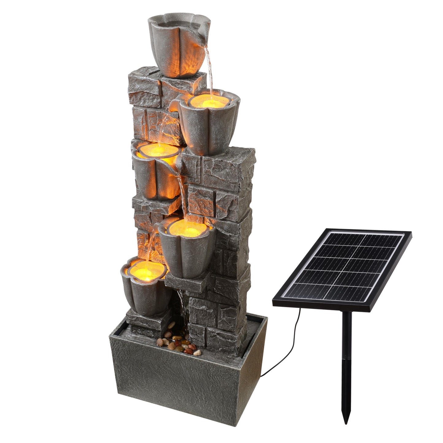Warm Garden Solar Powered Water Fountain-36.2in.Tall Floor-Standing Outdoor Fountains with Tulip Design - Natural 4 Tiers Waterfall Water Feature for Outside Garden,Backyard,Lawn Decor,Grey