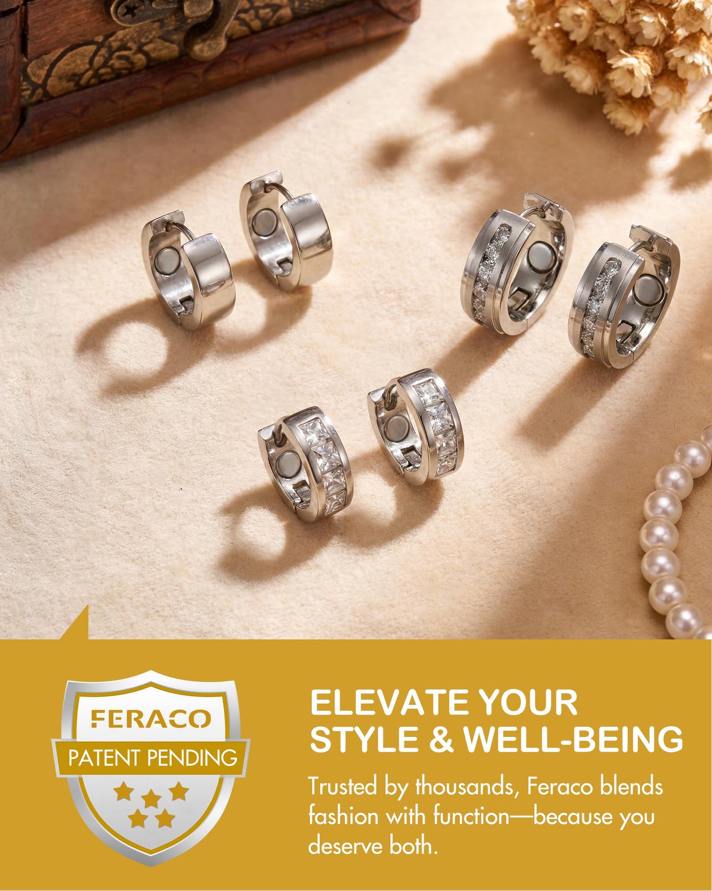 Feraco Magnetic Hoop Earrings for Women with 3500 Gauss Neodymium Magnet & Sparkling AAA+ Cubic Zirconia, Stainless Steel Magnetic Therapy Jewelry, Upgraded Setting Technology