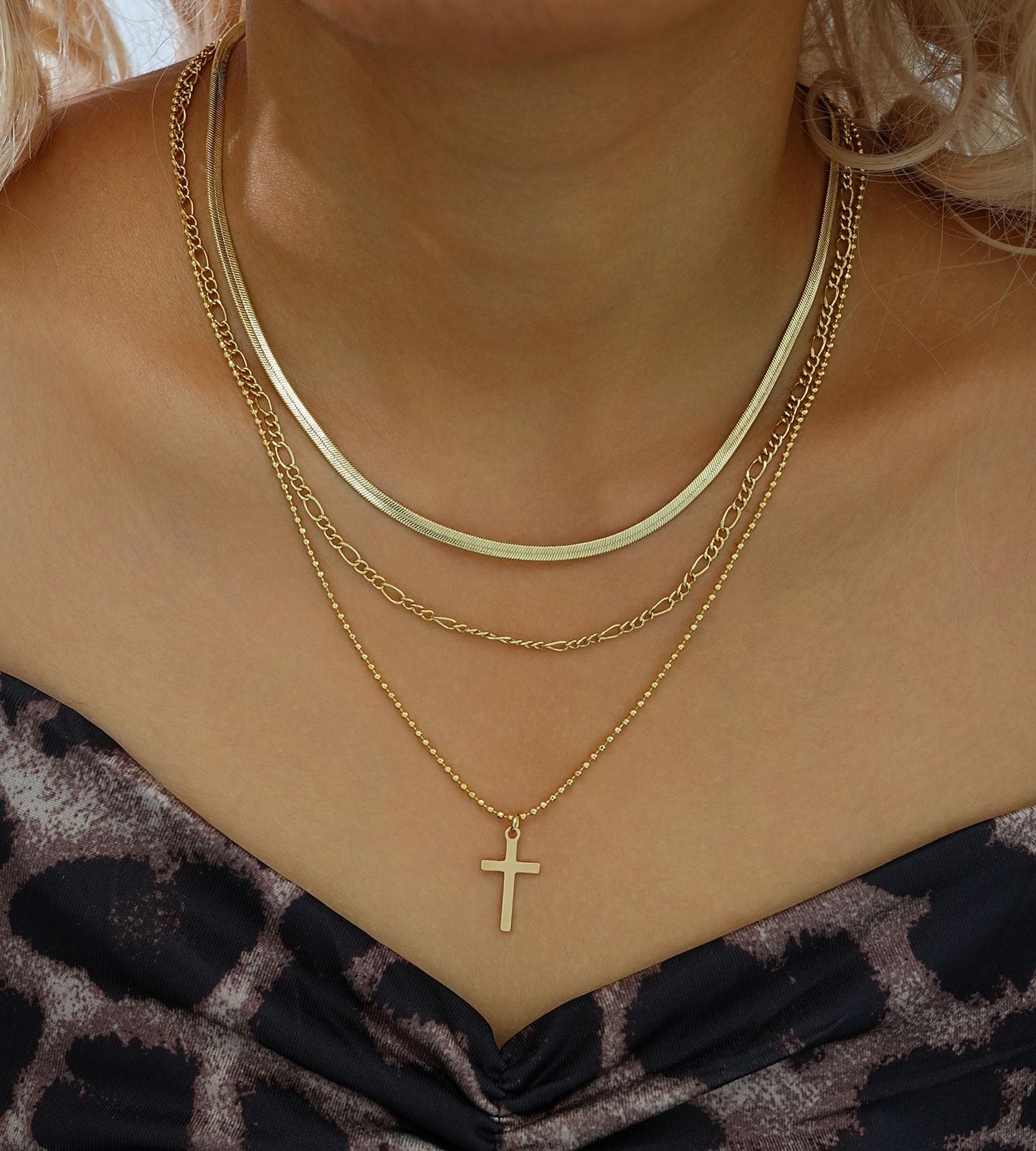 YEEZII Layered Gold Necklaces for Women Trendy, 3 Pcs 14K Gold Plated Choker Paperclip Box Chain Necklace, Stackable Women's Gold Pendant Necklaces Jewelry Set (Gold-3 pcs-Cross)